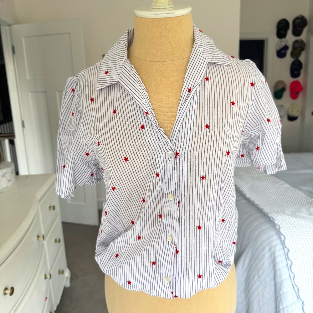 Draper James Stars and Stripes Button Down Bodysuit Short Sleeve V Neck S